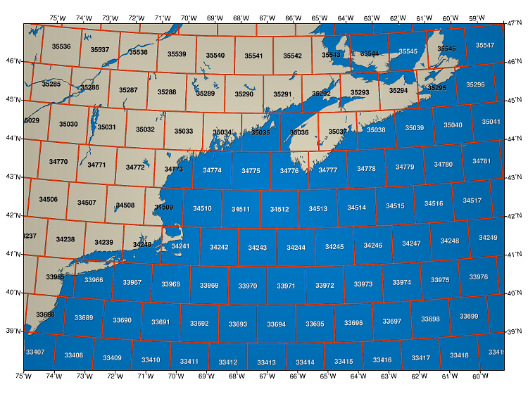 Albers conic equal area map showing 1-degree bin boundaries